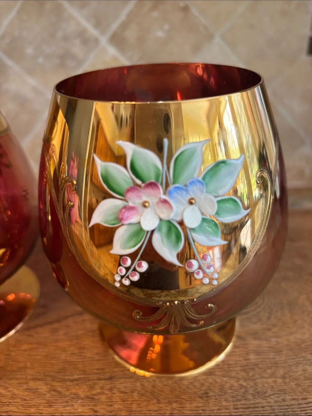 Vintage Bohemian/Czech Hand-Painted Floral Brandy Glasses - Set of 2